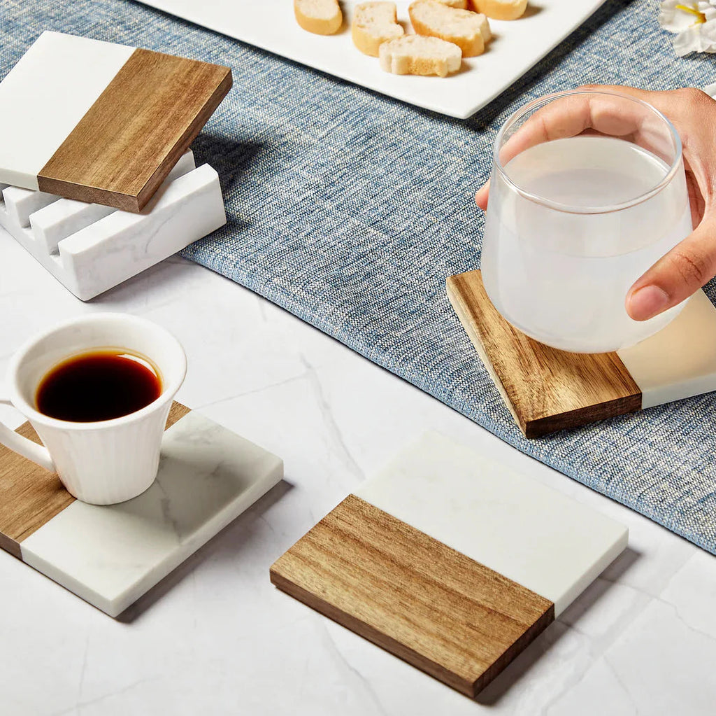 Marble and Wood Coaster Set