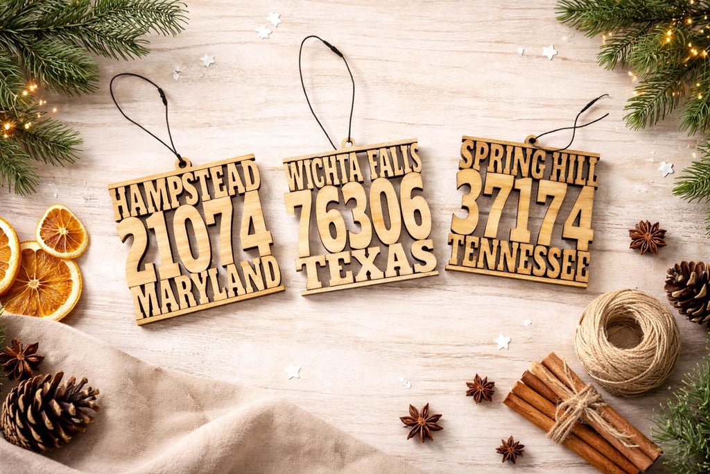 Custom City & ZIP Code Wooden Ornament – Personalized State Christmas Ornament